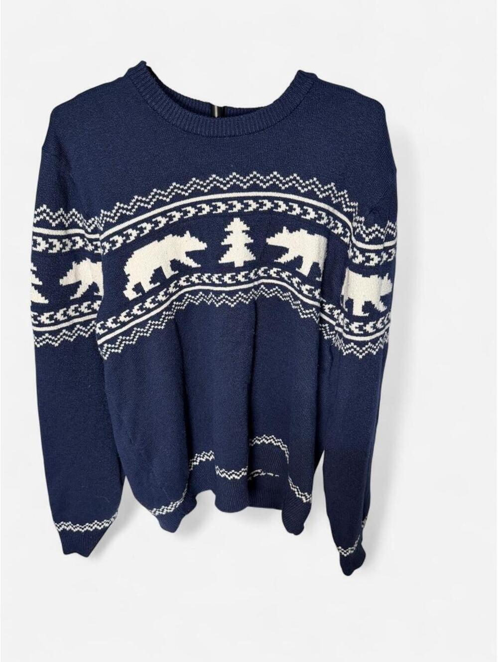 lands end navy blue polar bear pine tree knit sweater